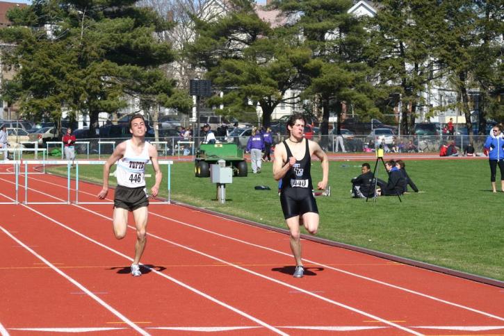 Dave Sorenson and Dave McCleary, battle down the stretch in the 400 hurdles.