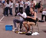 Nate Brigham and 5000 winner Macharia Yuot (Widener) unwind after the race.