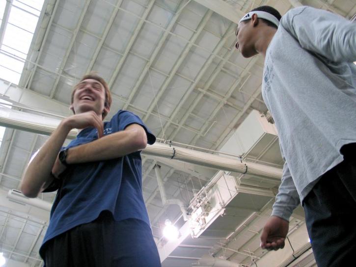 Jeremy Arak and Dan Marcy joke around before the High Jump