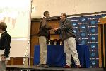 Josh Kennedy going up to be presented with the 32nd place trophy